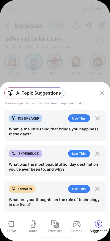 AI topic suggestions - ICE BREAKER, EXPERIENCE, OPINION